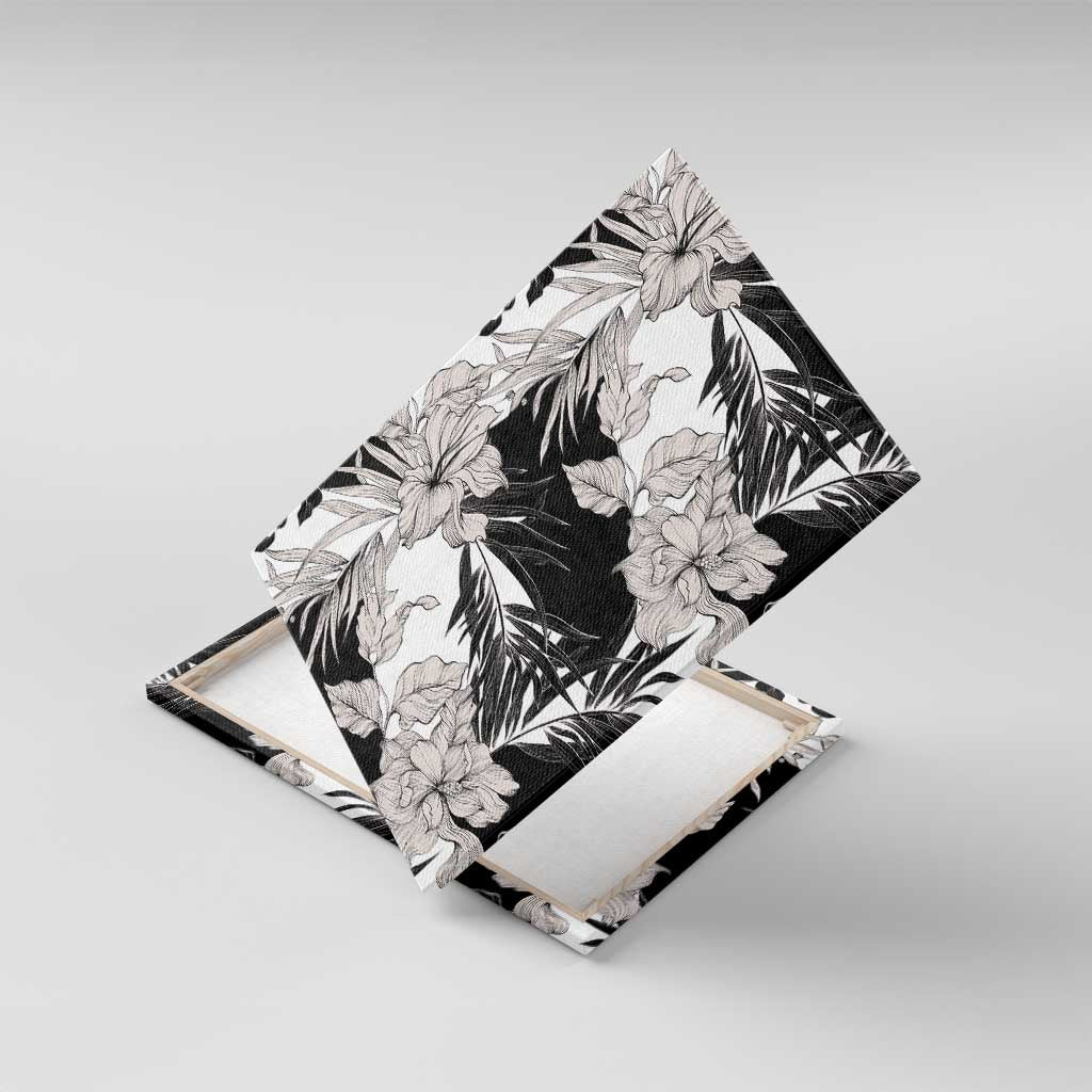 Black White Monotone Tropical Flowers Pattern Canvas Wall Art LT01 With Frame Black - Polynesian Pride