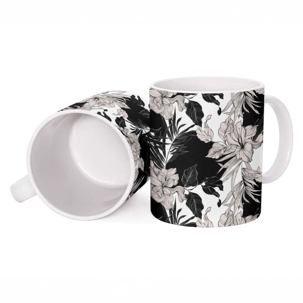 Black White Monotone Tropical Flowers Pattern Ceramic Mug LT01 - Polynesian Pride
