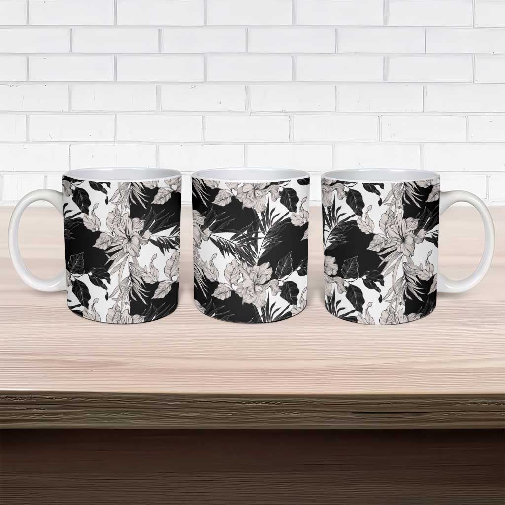 Black White Monotone Tropical Flowers Pattern Ceramic Mug LT01 - Polynesian Pride
