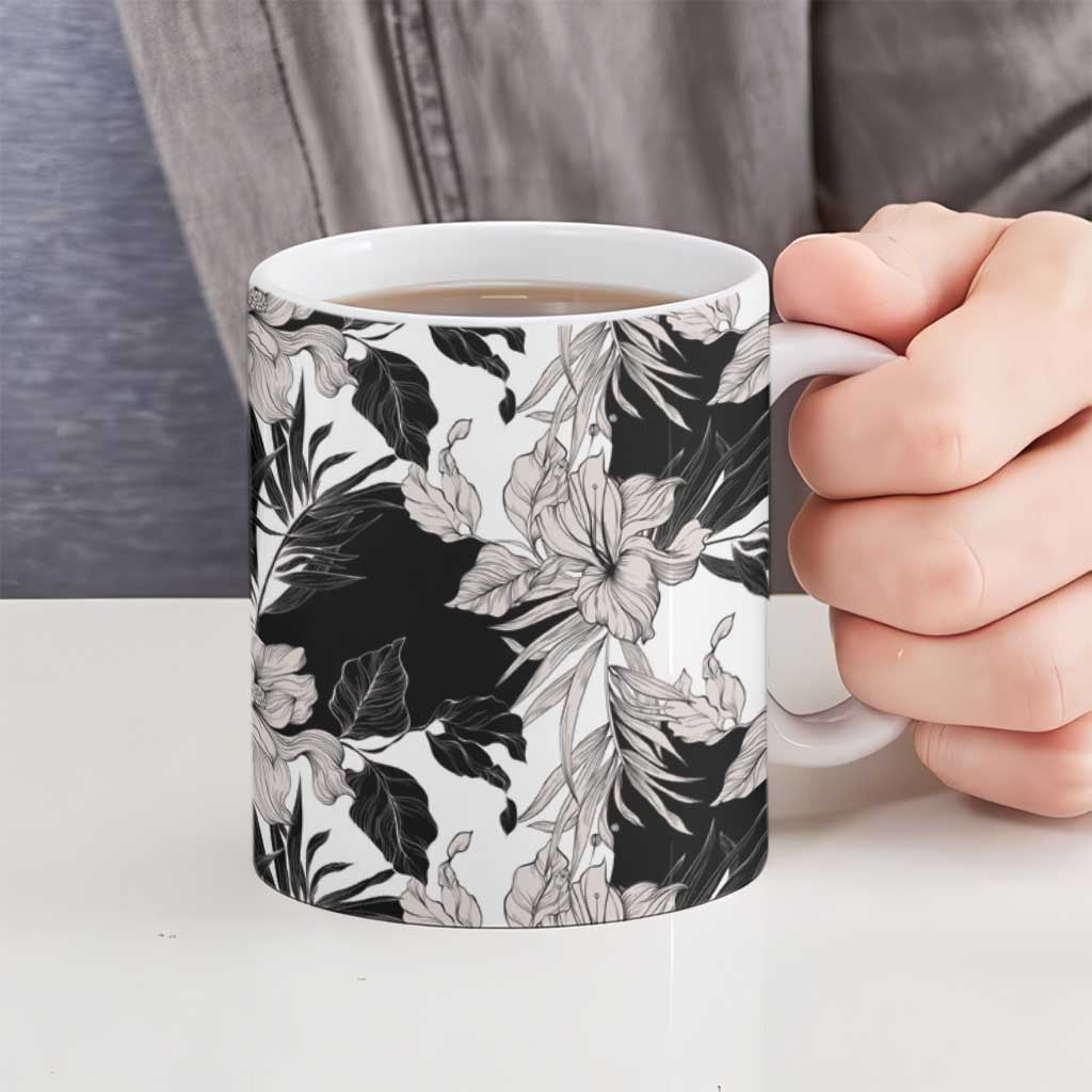 Black White Monotone Tropical Flowers Pattern Ceramic Mug LT01 - Polynesian Pride