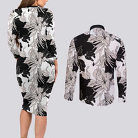 Black White Monotone Tropical Flowers Pattern Couples Matching Long Sleeve Bodycon Dress and Long Sleeve Button Shirt LT01 - Polynesian Pride