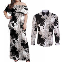 Black White Monotone Tropical Flowers Pattern Couples Matching Off Shoulder Maxi Dress and Long Sleeve Button Shirt LT01 Black - Polynesian Pride