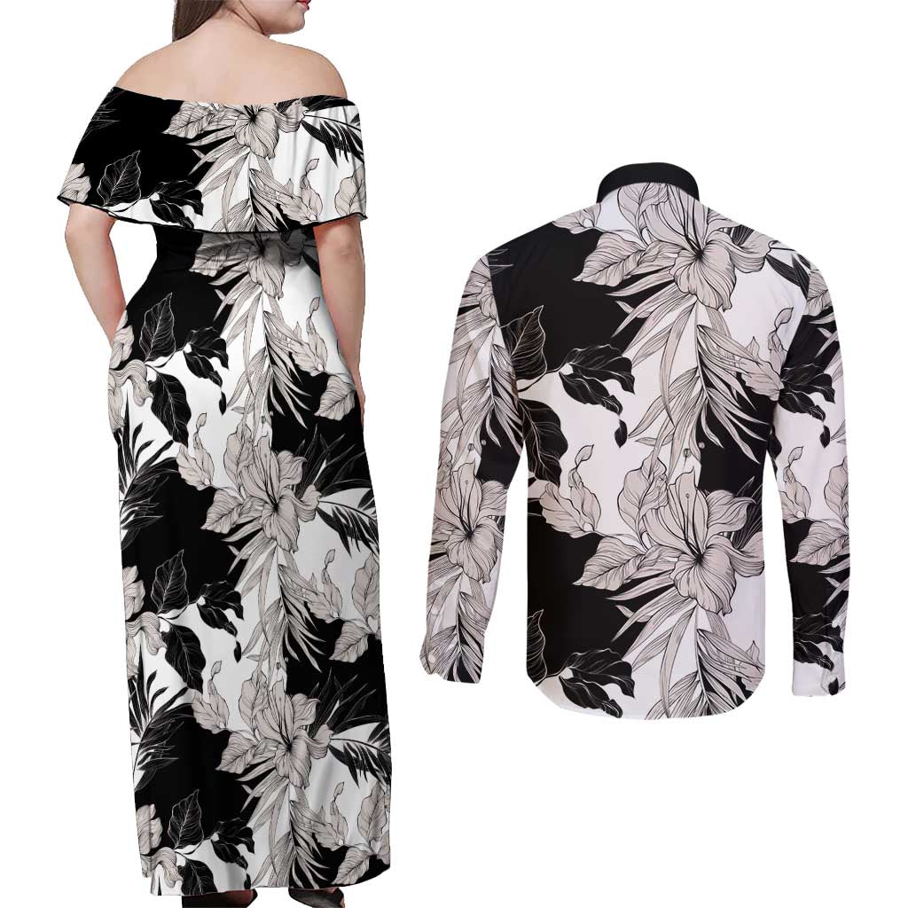 Black White Monotone Tropical Flowers Pattern Couples Matching Off Shoulder Maxi Dress and Long Sleeve Button Shirt LT01 - Polynesian Pride