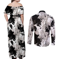 Black White Monotone Tropical Flowers Pattern Couples Matching Off Shoulder Maxi Dress and Long Sleeve Button Shirt LT01 - Polynesian Pride