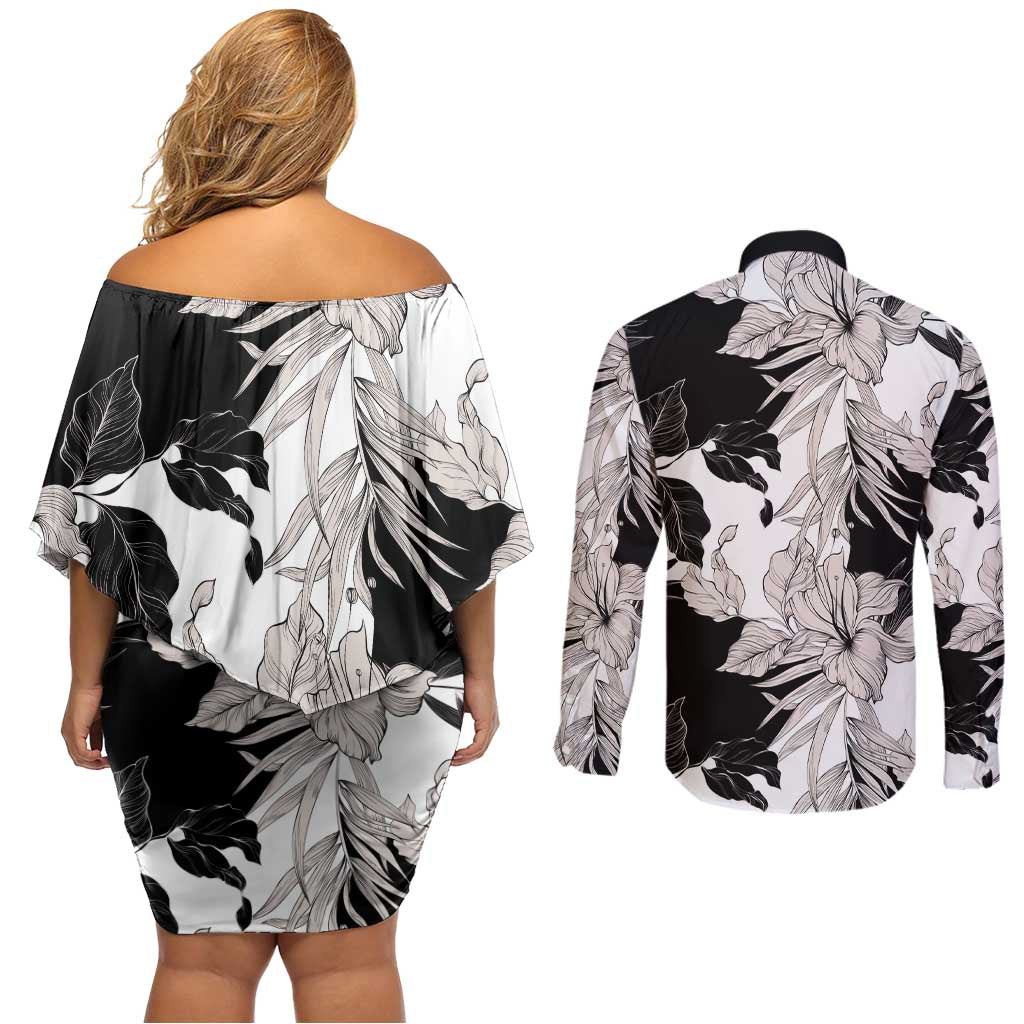 Black White Monotone Tropical Flowers Pattern Couples Matching Off Shoulder Short Dress and Long Sleeve Button Shirt LT01 - Polynesian Pride
