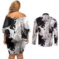 Black White Monotone Tropical Flowers Pattern Couples Matching Off Shoulder Short Dress and Long Sleeve Button Shirt LT01 - Polynesian Pride