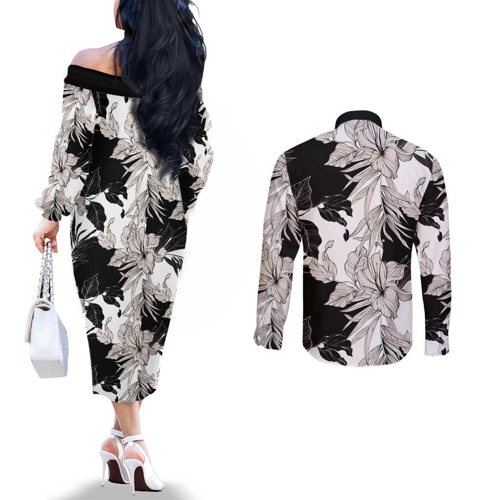 Black White Monotone Tropical Flowers Pattern Couples Matching Off The Shoulder Long Sleeve Dress and Long Sleeve Button Shirt LT01 - Polynesian Pride