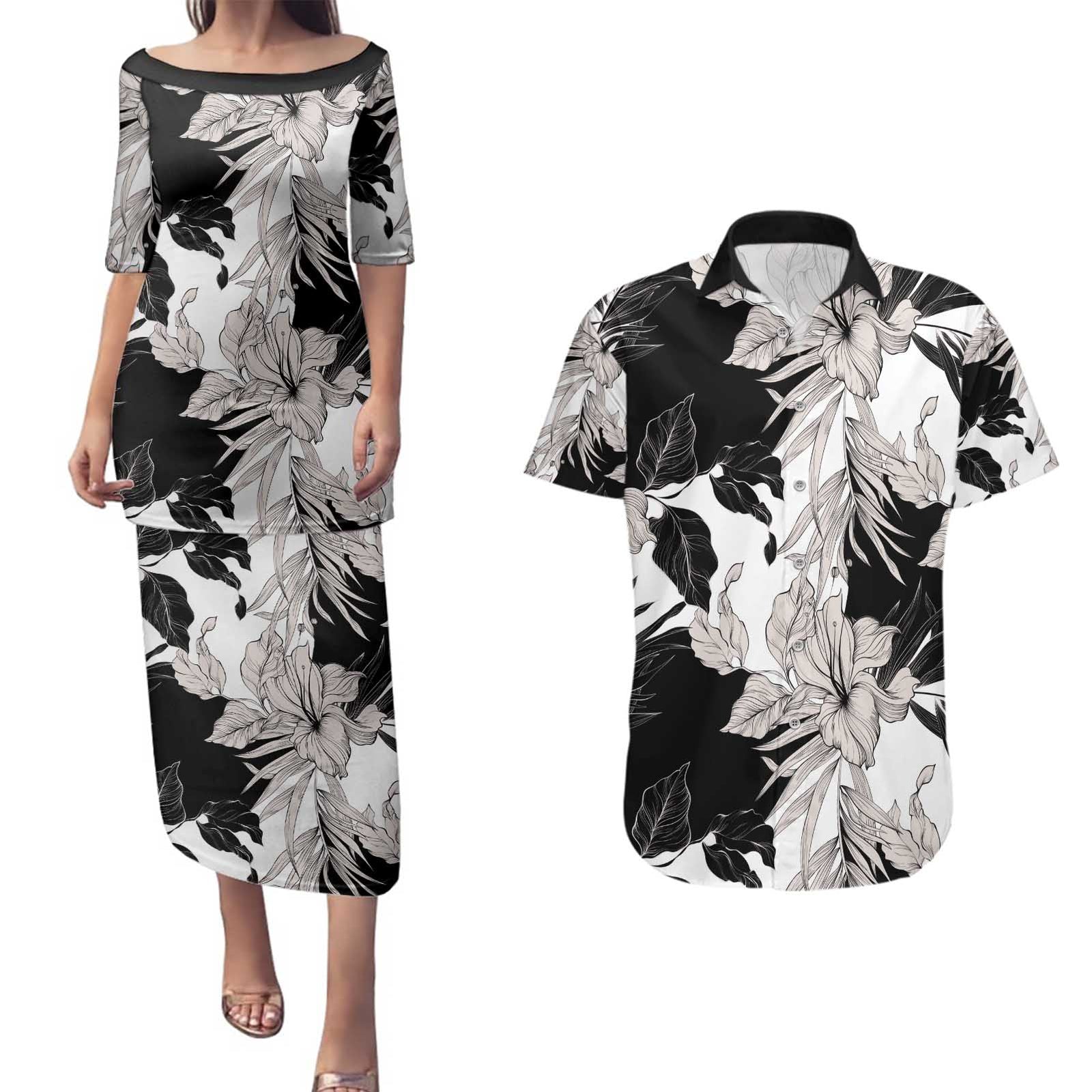 Black White Monotone Tropical Flowers Pattern Couples Matching Puletasi and Hawaiian Shirt LT01 Black - Polynesian Pride