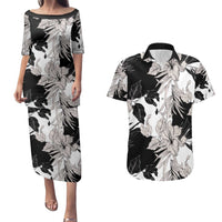 Black White Monotone Tropical Flowers Pattern Couples Matching Puletasi and Hawaiian Shirt LT01 Black - Polynesian Pride