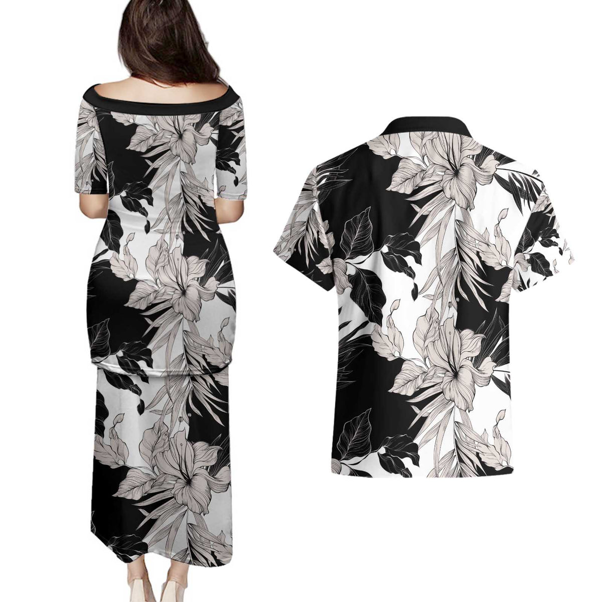 Black White Monotone Tropical Flowers Pattern Couples Matching Puletasi and Hawaiian Shirt LT01 - Polynesian Pride