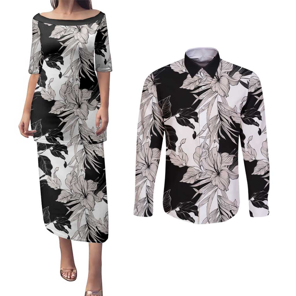 Black White Monotone Tropical Flowers Pattern Couples Matching Puletasi and Long Sleeve Button Shirt LT01 Black - Polynesian Pride