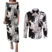Black White Monotone Tropical Flowers Pattern Couples Matching Puletasi and Long Sleeve Button Shirt LT01 Black - Polynesian Pride