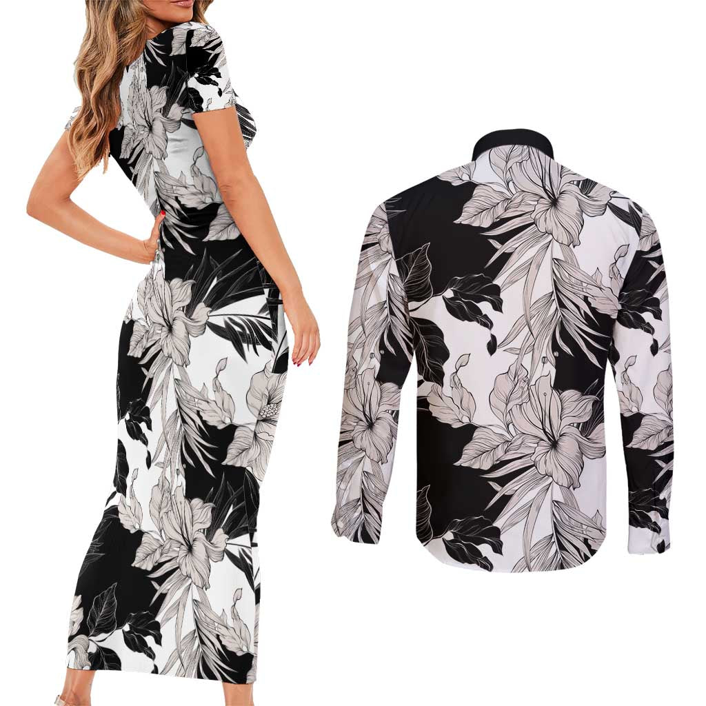 Black White Monotone Tropical Flowers Pattern Couples Matching Short Sleeve Bodycon Dress and Long Sleeve Button Shirt LT01 - Polynesian Pride
