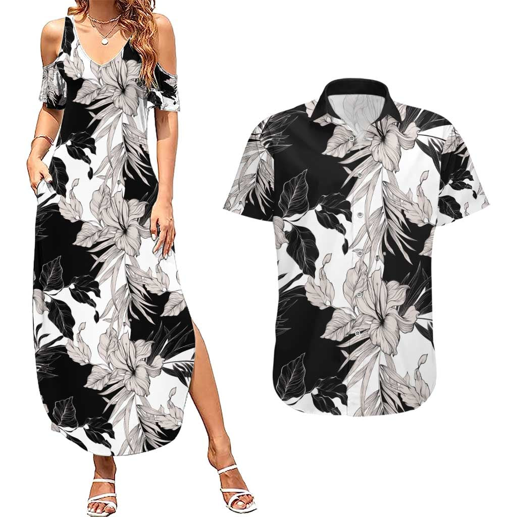 Black White Monotone Tropical Flowers Pattern Couples Matching Summer Maxi Dress and Hawaiian Shirt - Polynesian Pride