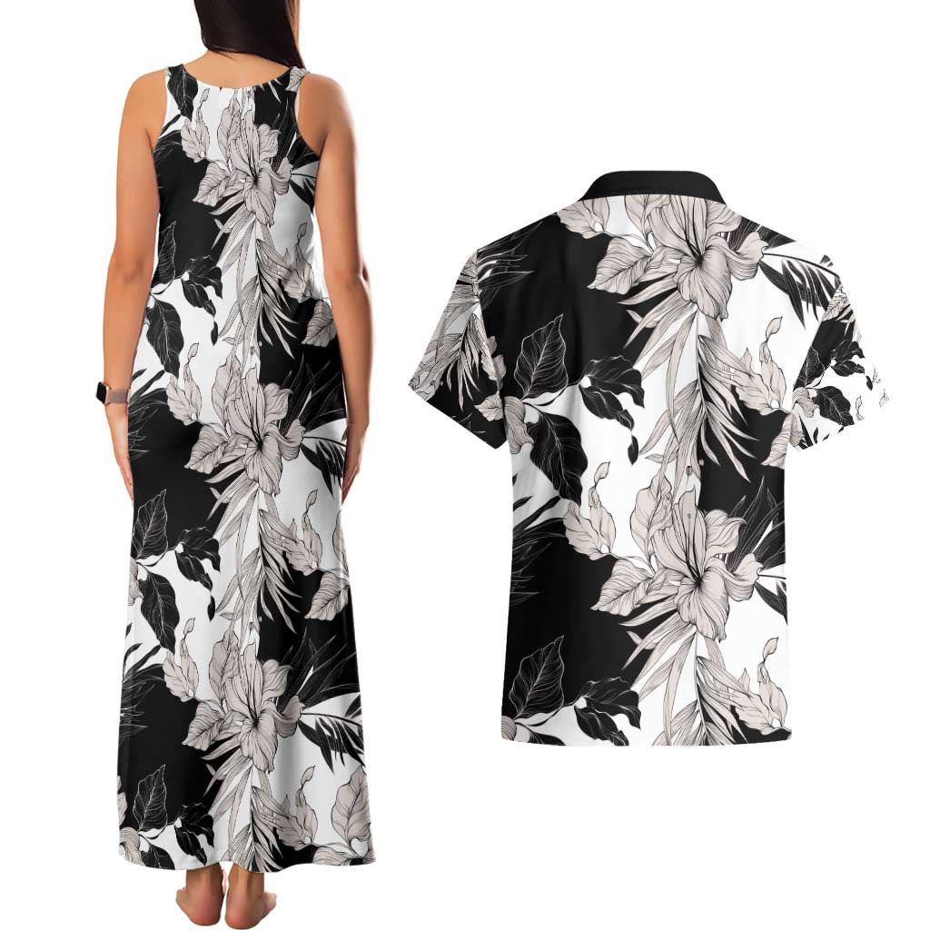 Black White Monotone Tropical Flowers Pattern Couples Matching Tank Maxi Dress and Hawaiian Shirt - Polynesian Pride