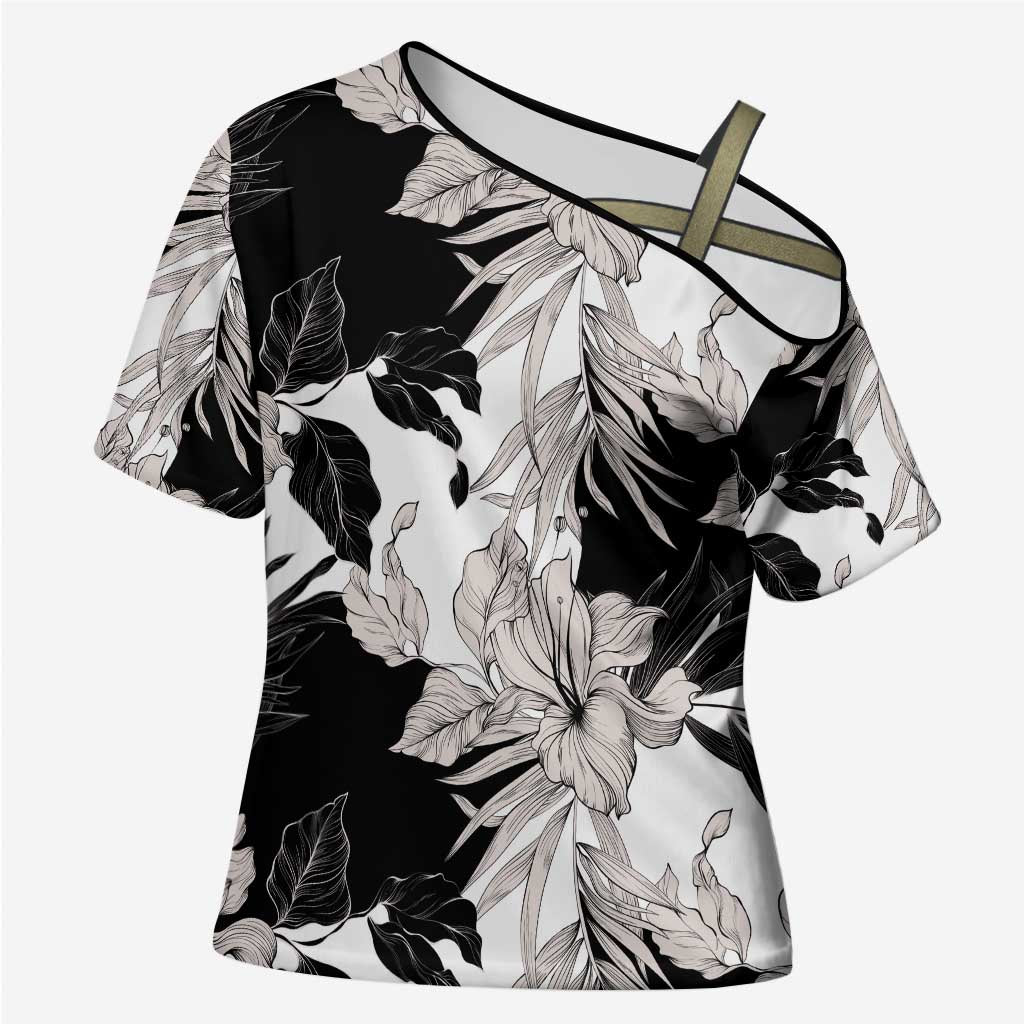 Black White Monotone Tropical Flowers Pattern Cross Shoulder Shirt LT01 Female Black - Polynesian Pride