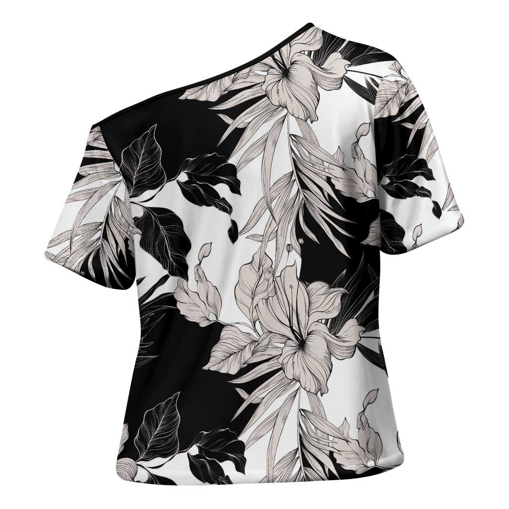 Black White Monotone Tropical Flowers Pattern Cross Shoulder Shirt LT01 - Polynesian Pride