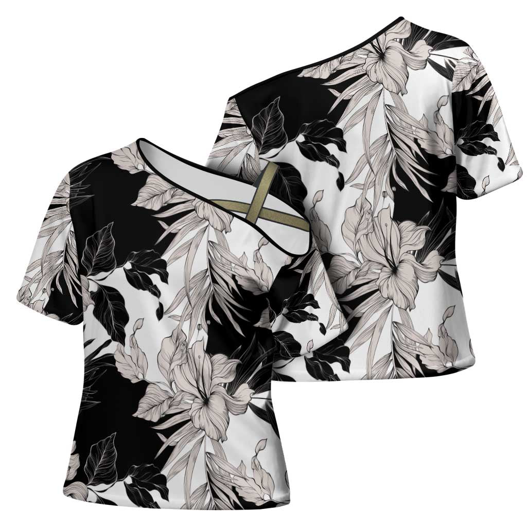Black White Monotone Tropical Flowers Pattern Cross Shoulder Shirt LT01 - Polynesian Pride