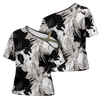 Black White Monotone Tropical Flowers Pattern Cross Shoulder Shirt LT01 - Polynesian Pride