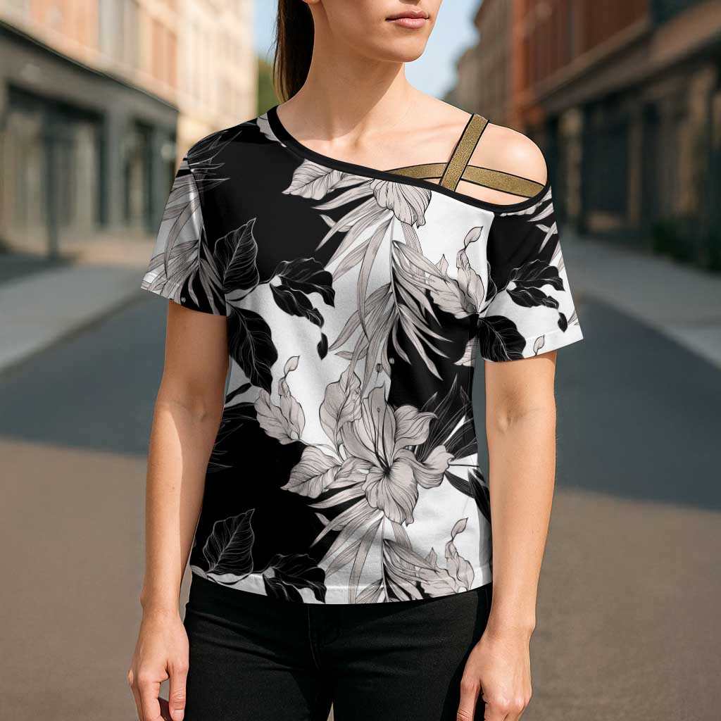 Black White Monotone Tropical Flowers Pattern Cross Shoulder Shirt LT01 - Polynesian Pride