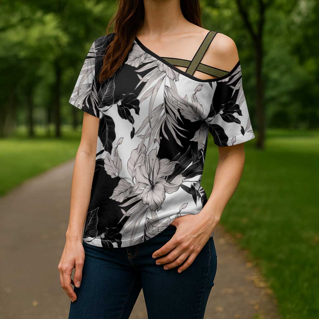 Black White Monotone Tropical Flowers Pattern Cross Shoulder Shirt LT01 - Polynesian Pride