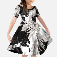 Black White Monotone Tropical Flowers Pattern Family Matching Long Sleeve Bodycon Dress and Hawaiian Shirt - Polynesian Pride