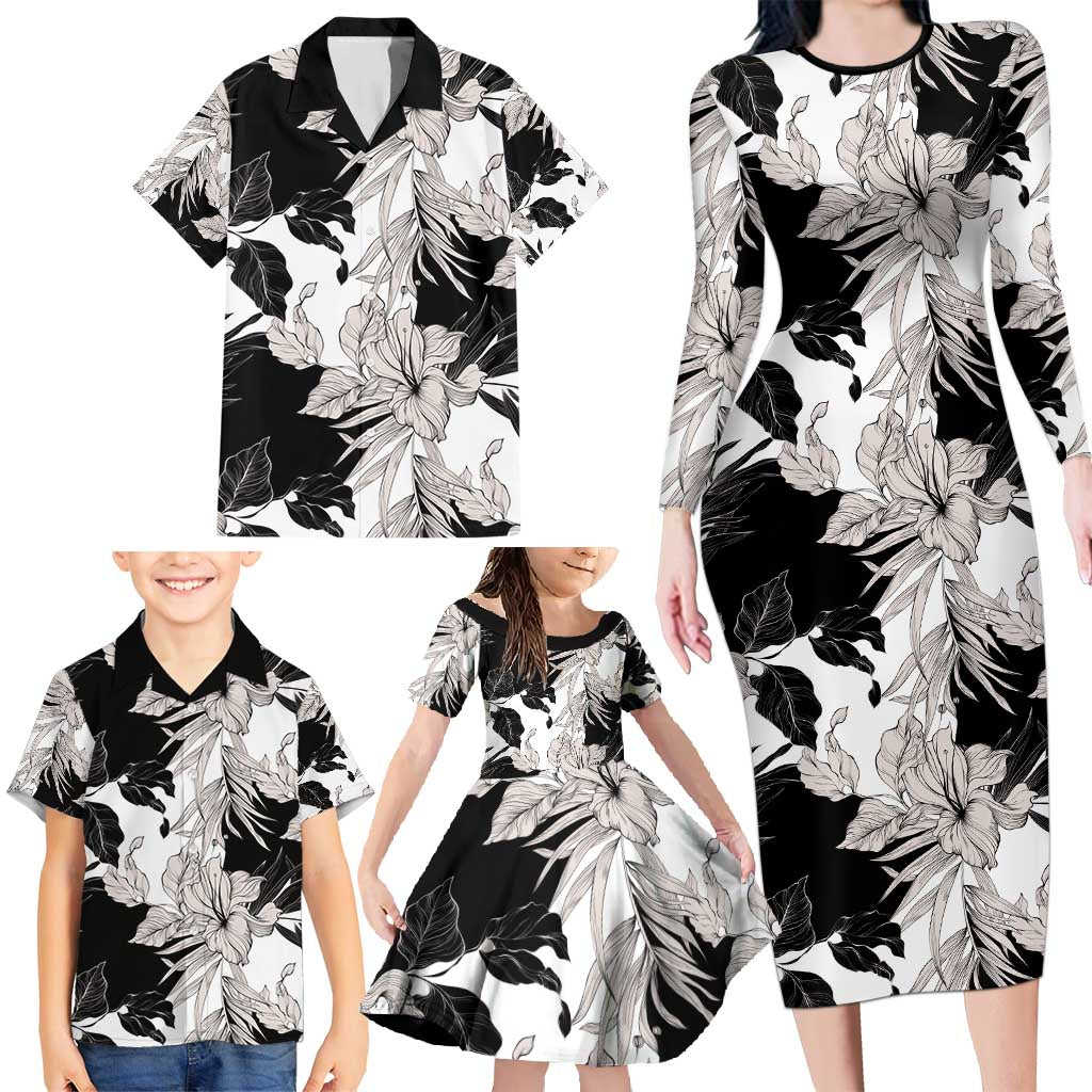 Black White Monotone Tropical Flowers Pattern Family Matching Long Sleeve Bodycon Dress and Hawaiian Shirt - Polynesian Pride