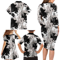 Black White Monotone Tropical Flowers Pattern Family Matching Long Sleeve Bodycon Dress and Hawaiian Shirt - Polynesian Pride