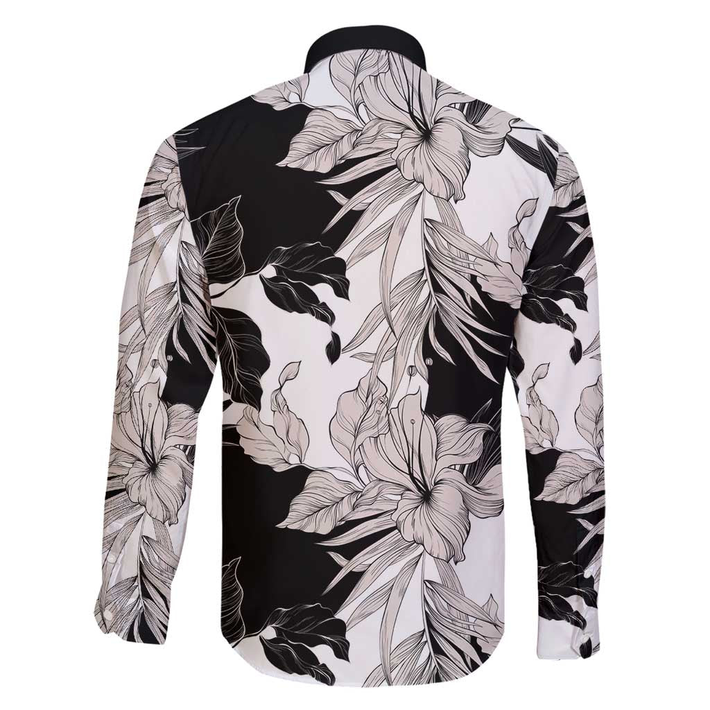 Black White Monotone Tropical Flowers Pattern Family Matching Long Sleeve Bodycon Dress and Hawaiian Shirt - Polynesian Pride