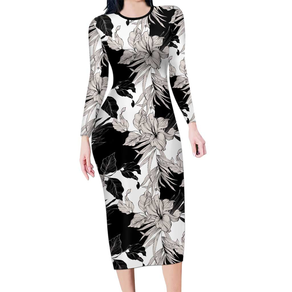 Black White Monotone Tropical Flowers Pattern Family Matching Long Sleeve Bodycon Dress and Hawaiian Shirt - Polynesian Pride