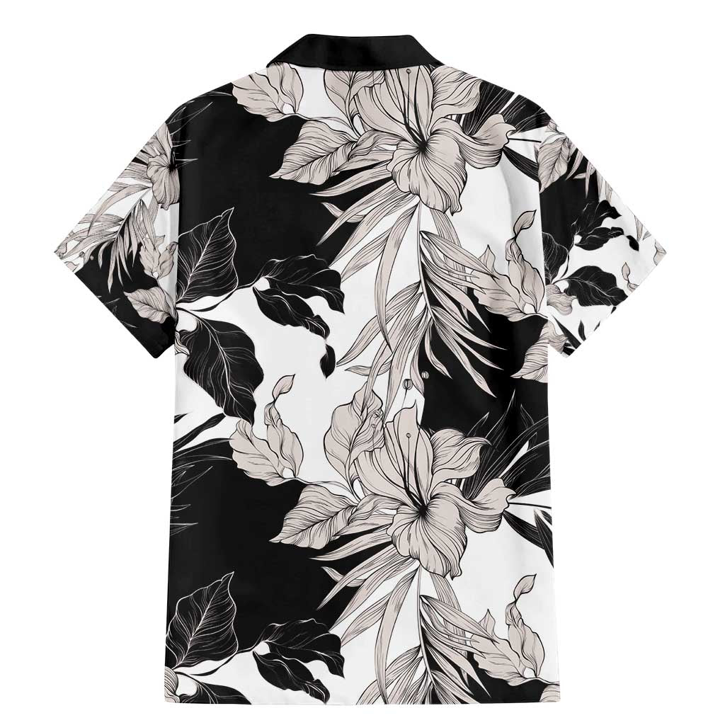 Black White Monotone Tropical Flowers Pattern Family Matching Mermaid Dress and Hawaiian Shirt - Polynesian Pride