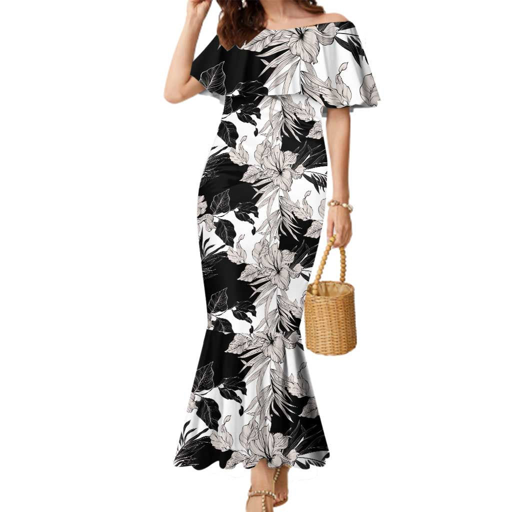 Black White Monotone Tropical Flowers Pattern Family Matching Mermaid Dress and Hawaiian Shirt - Polynesian Pride