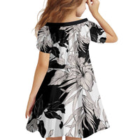 Black White Monotone Tropical Flowers Pattern Family Matching Off Shoulder Short Dress and Hawaiian Shirt - Polynesian Pride
