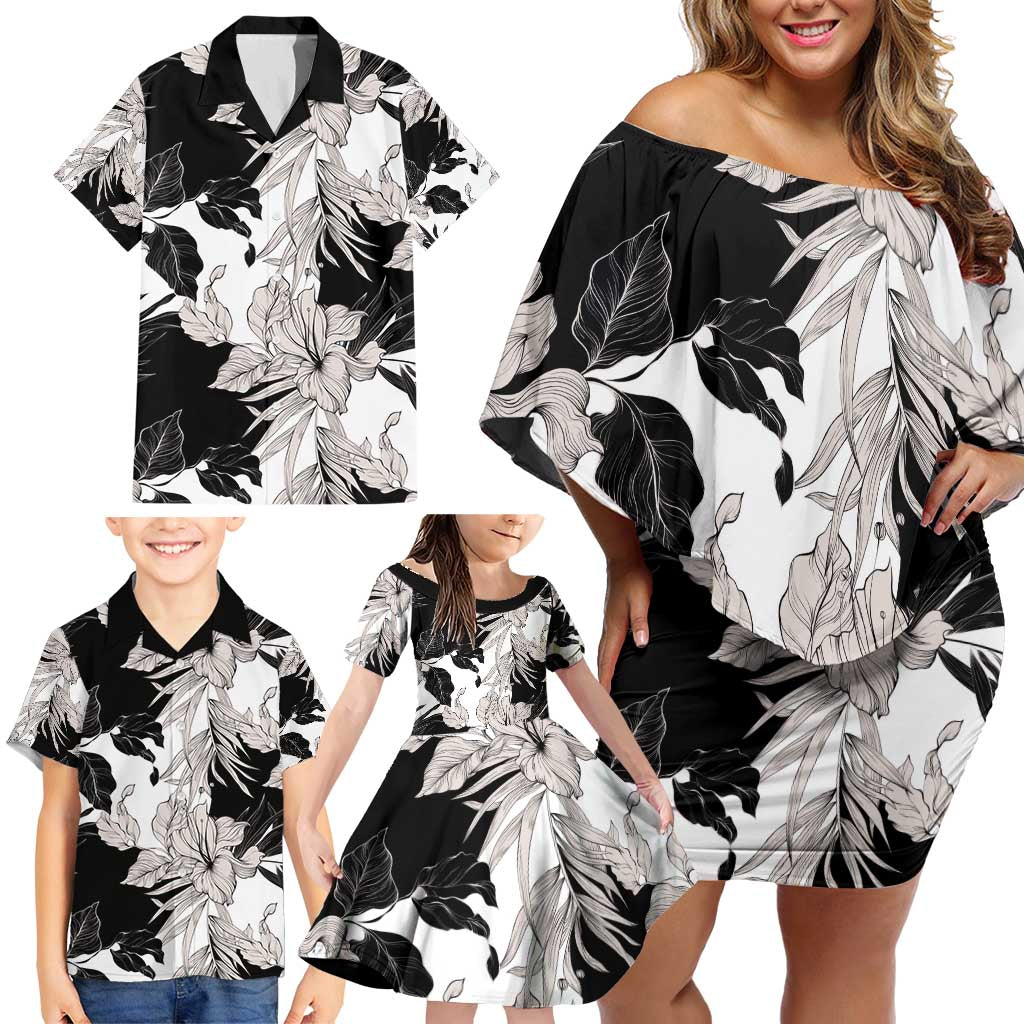 Black White Monotone Tropical Flowers Pattern Family Matching Off Shoulder Short Dress and Hawaiian Shirt - Polynesian Pride