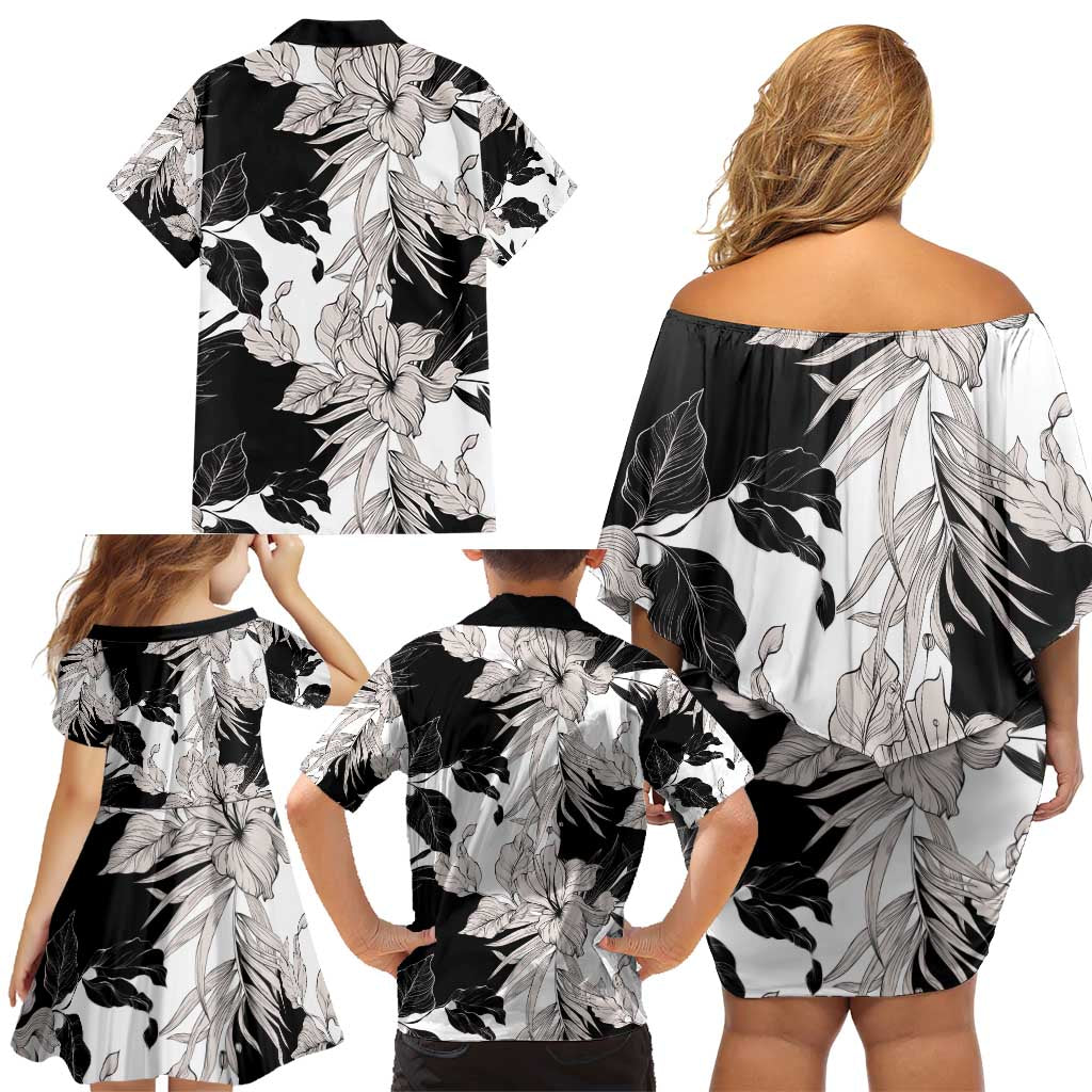 Black White Monotone Tropical Flowers Pattern Family Matching Off Shoulder Short Dress and Hawaiian Shirt - Polynesian Pride