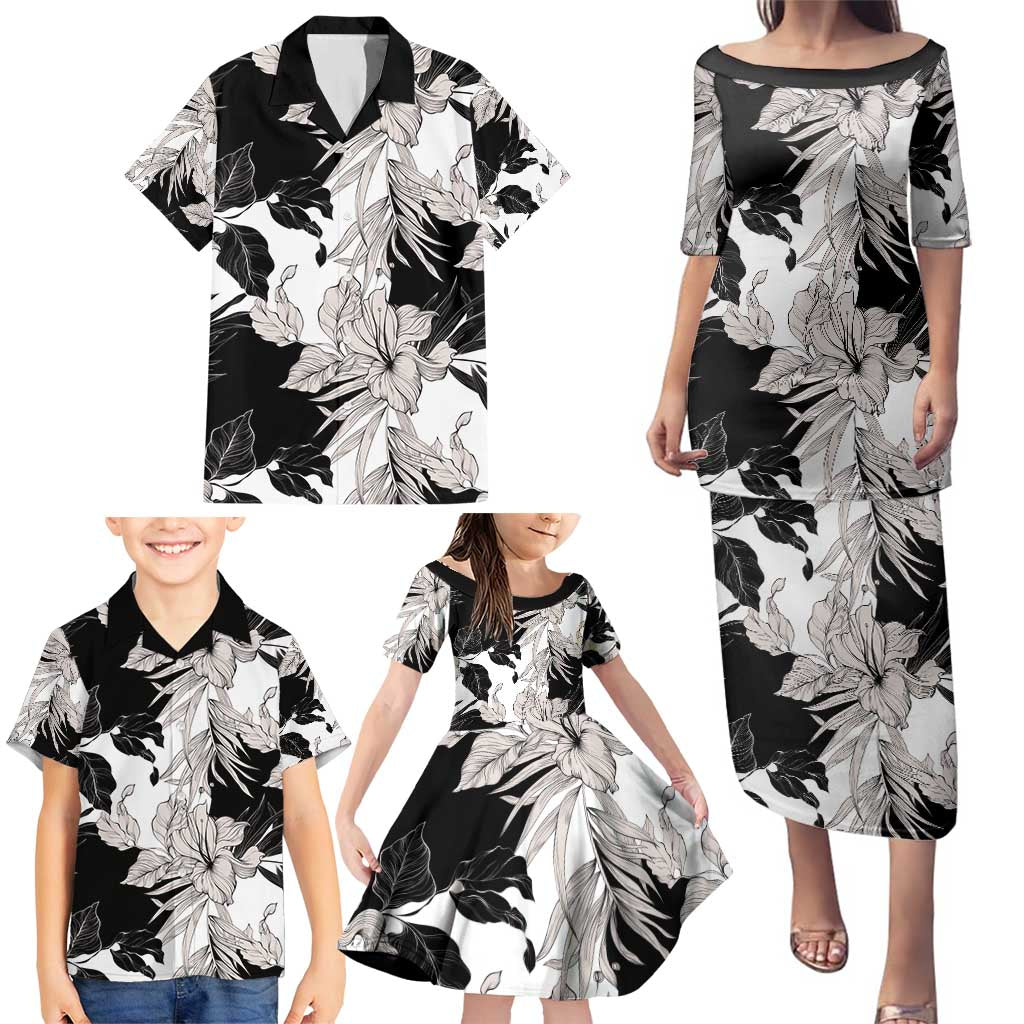 Black White Monotone Tropical Flowers Pattern Family Matching Puletasi and Hawaiian Shirt LT01 - Polynesian Pride