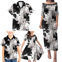 Black White Monotone Tropical Flowers Pattern Family Matching Puletasi and Hawaiian Shirt LT01 - Polynesian Pride