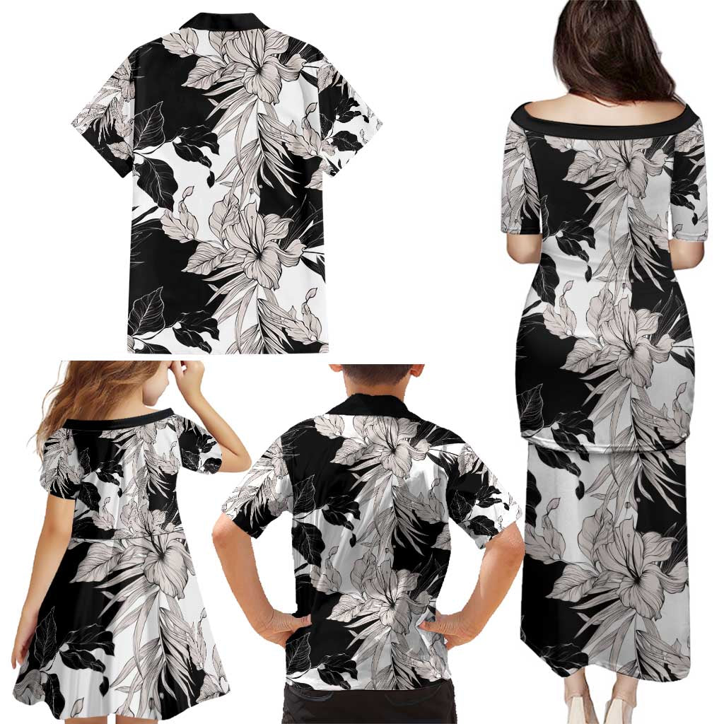 Black White Monotone Tropical Flowers Pattern Family Matching Puletasi and Hawaiian Shirt LT01 - Polynesian Pride