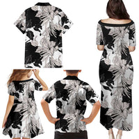 Black White Monotone Tropical Flowers Pattern Family Matching Puletasi and Hawaiian Shirt LT01 - Polynesian Pride