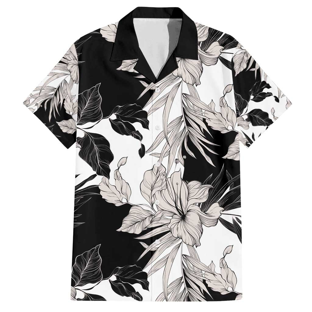 Black White Monotone Tropical Flowers Pattern Family Matching Puletasi and Hawaiian Shirt LT01 Dad's Shirt - Short Sleeve Black - Polynesian Pride