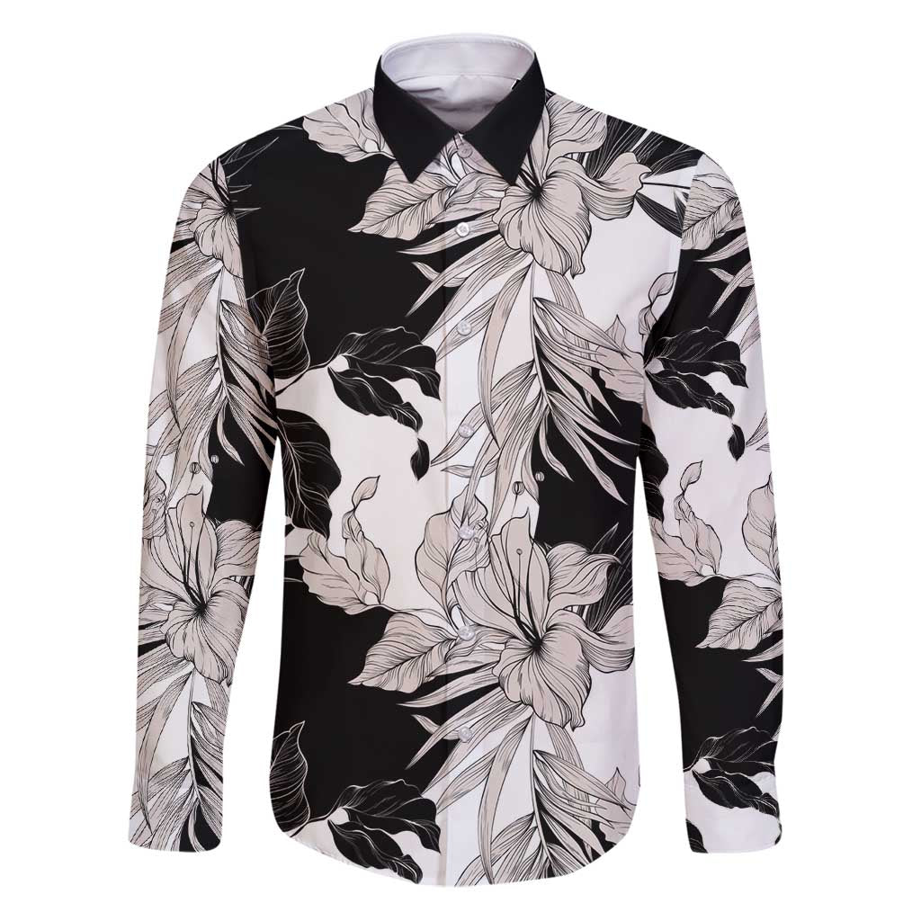Black White Monotone Tropical Flowers Pattern Family Matching Puletasi and Hawaiian Shirt LT01 Dad's Shirt - Long Sleeve Black - Polynesian Pride