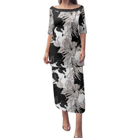 Black White Monotone Tropical Flowers Pattern Family Matching Puletasi and Hawaiian Shirt LT01 Mom's Dress Black - Polynesian Pride