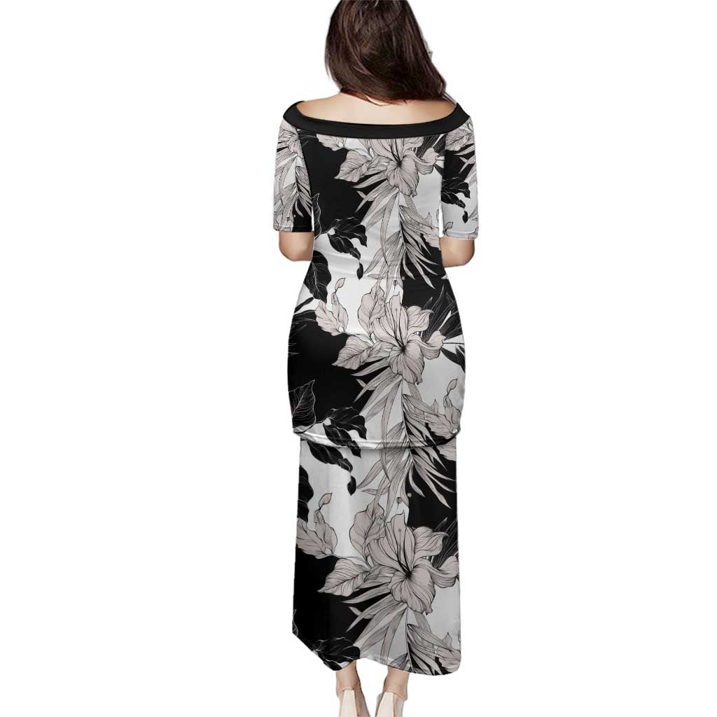 Black White Monotone Tropical Flowers Pattern Family Matching Puletasi and Hawaiian Shirt LT01 - Polynesian Pride