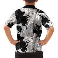 Black White Monotone Tropical Flowers Pattern Family Matching Short Sleeve Bodycon Dress and Hawaiian Shirt - Polynesian Pride
