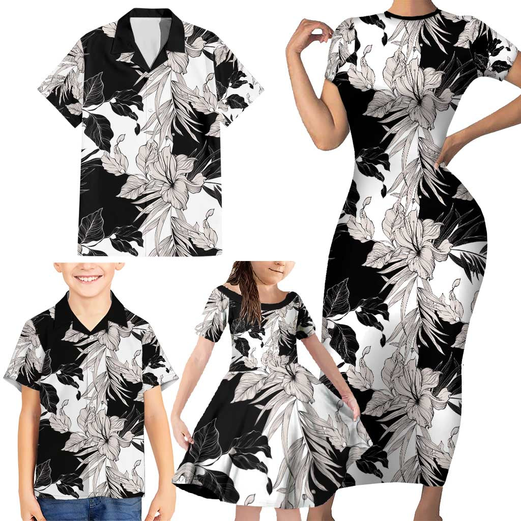 Black White Monotone Tropical Flowers Pattern Family Matching Short Sleeve Bodycon Dress and Hawaiian Shirt - Polynesian Pride