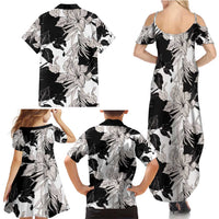 Black White Monotone Tropical Flowers Pattern Family Matching Summer Maxi Dress and Hawaiian Shirt - Polynesian Pride