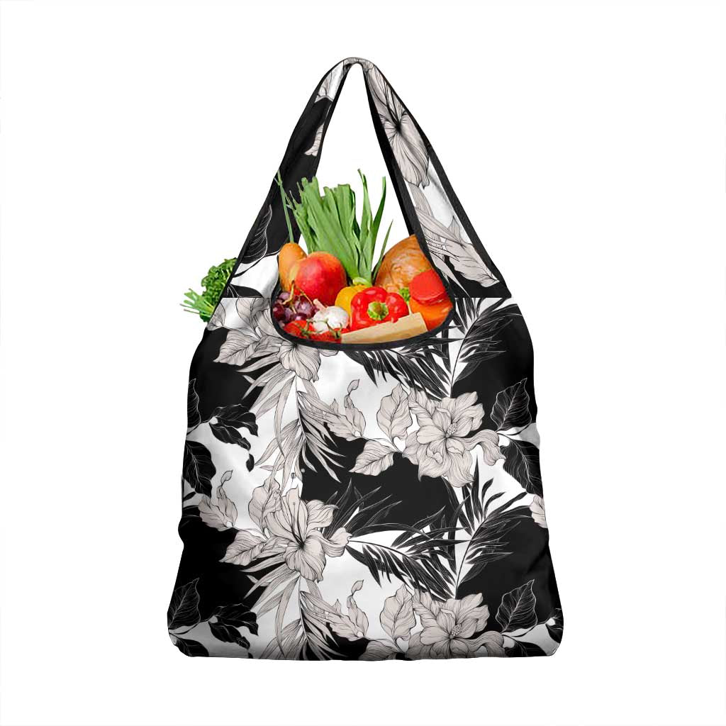 Black White Monotone Tropical Flowers Pattern Grocery Bag - Polynesian Pride