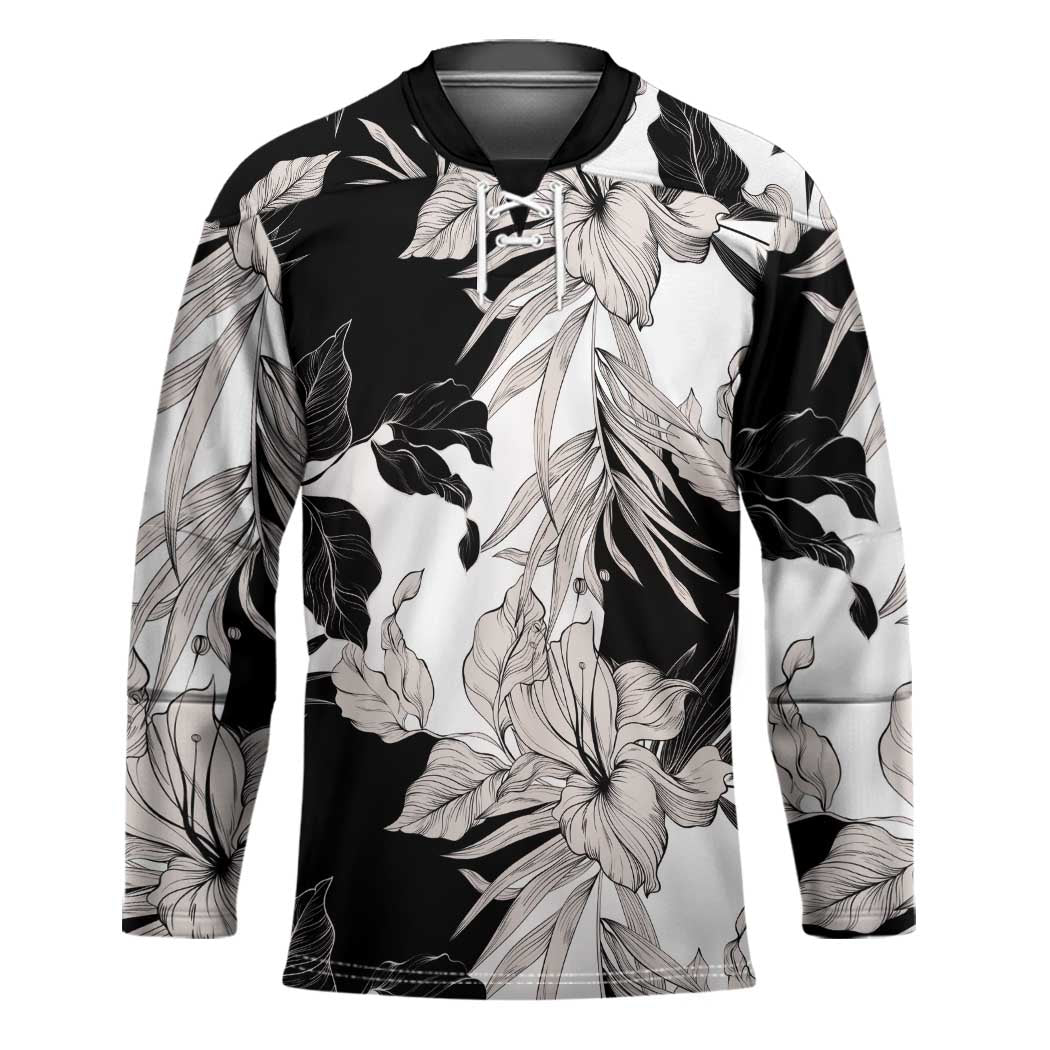 Black White Monotone Tropical Flowers Pattern Hockey Jersey LT01 Unisex Black - Polynesian Pride
