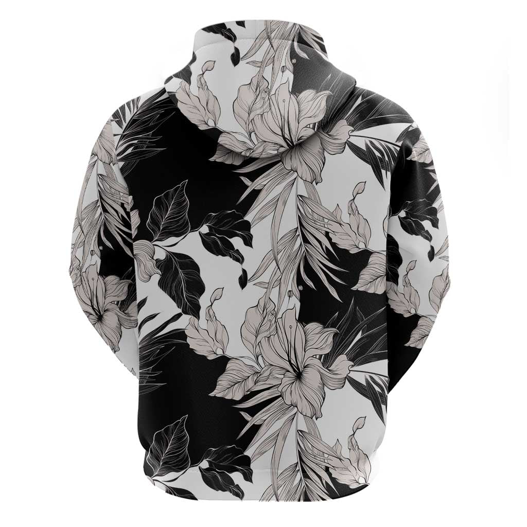 Black White Monotone Tropical Flowers Pattern Hoodie - Polynesian Pride