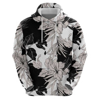 Black White Monotone Tropical Flowers Pattern Hoodie - Polynesian Pride
